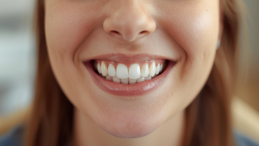 A close-up, warmly lit photo of a patient mid-smile showing natural-looking front teeth