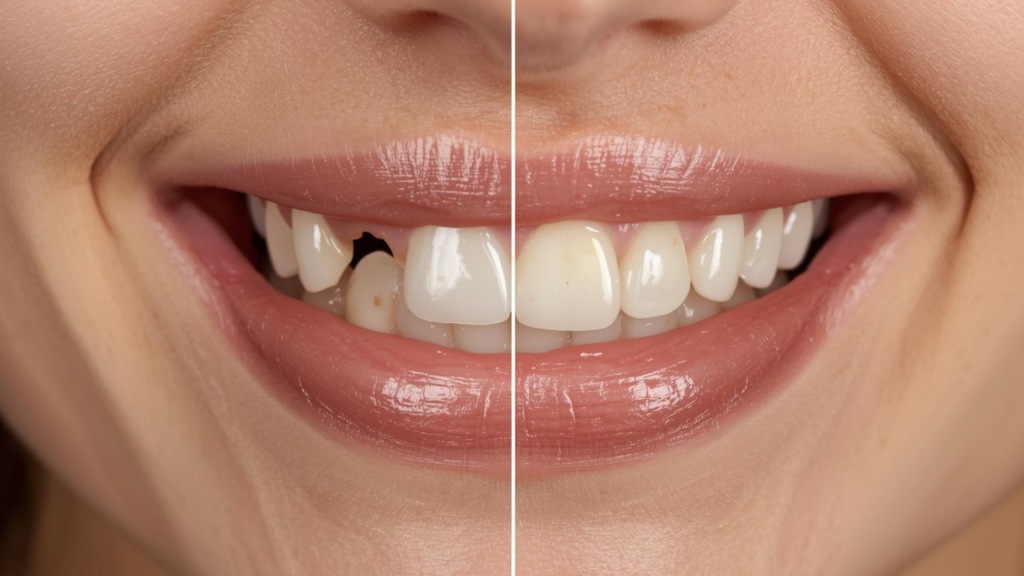 A split-image concept showing a visibly chipped or discolored front tooth on one side and the same area restored with a seamless porcelain crown on the other, demonstrating the before-and-after transformation