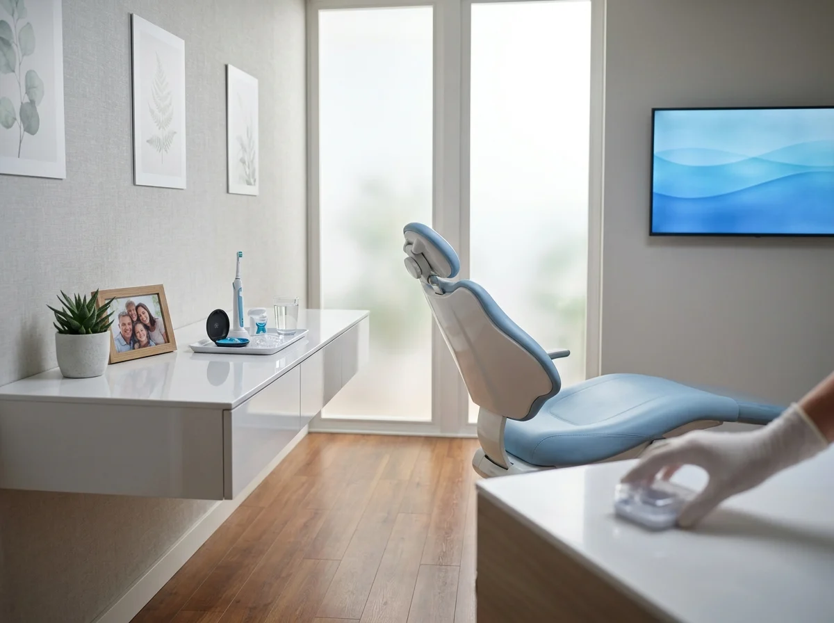 Serene dental consultation room with oral hygiene items and aligner case