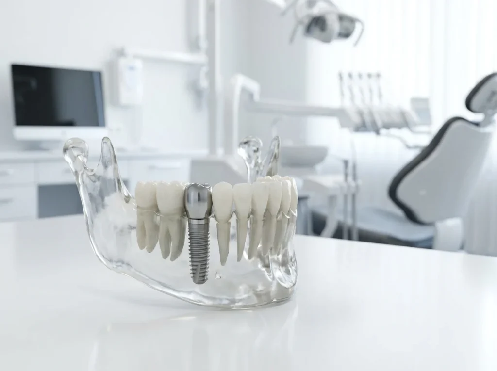 Dental implant model on a white table in bright lighting