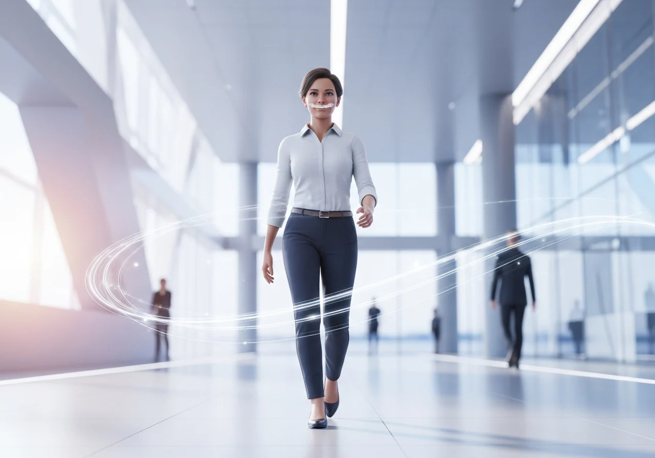 Professional walking in luminous space with subtle aligner motif