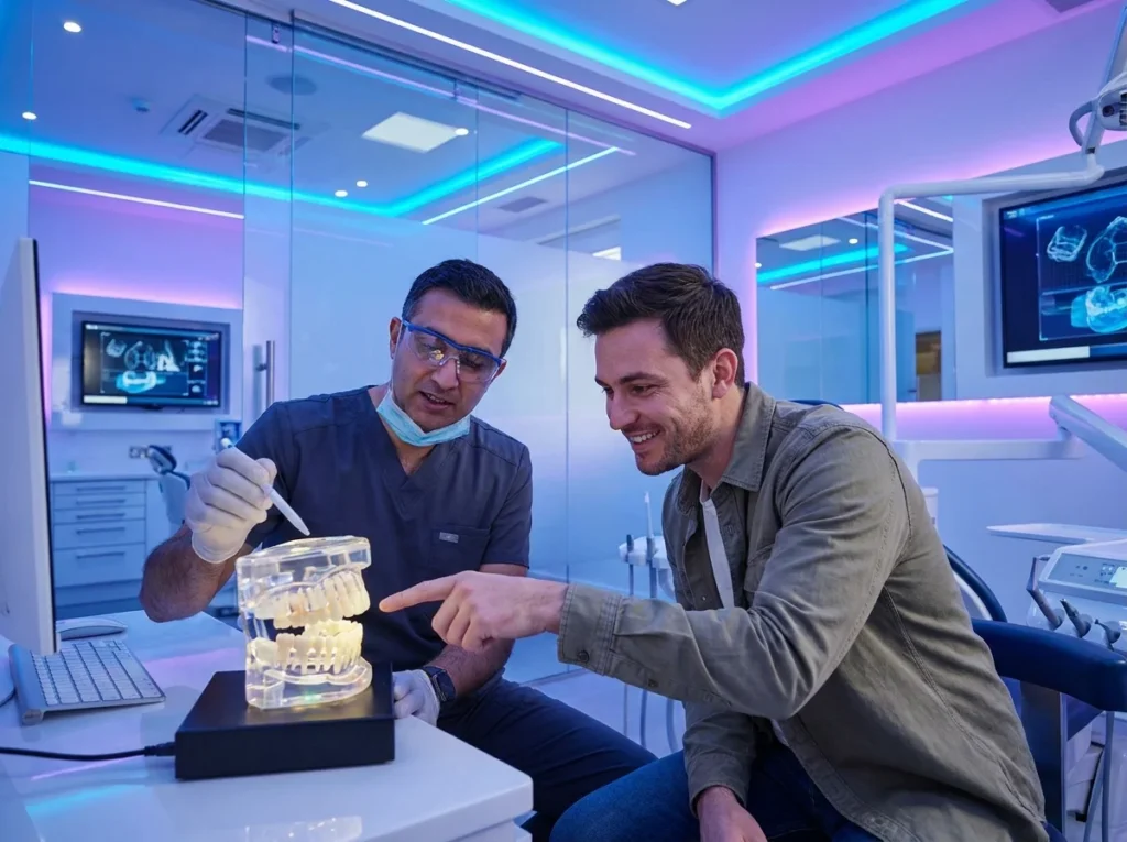 Dentist explaining dental implants using a 3D jaw model