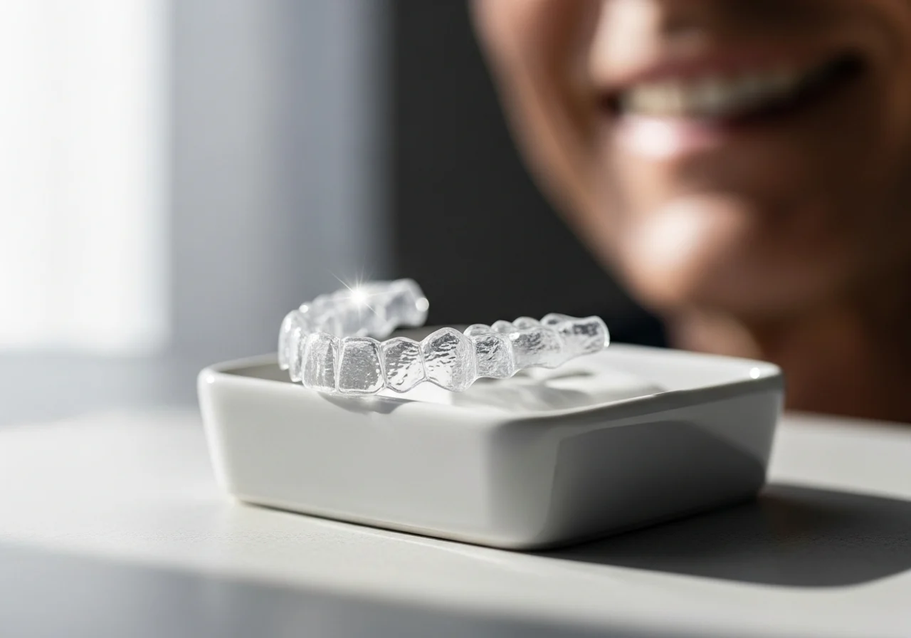 Close-up of clear Invisalign aligner with blurred smile in background