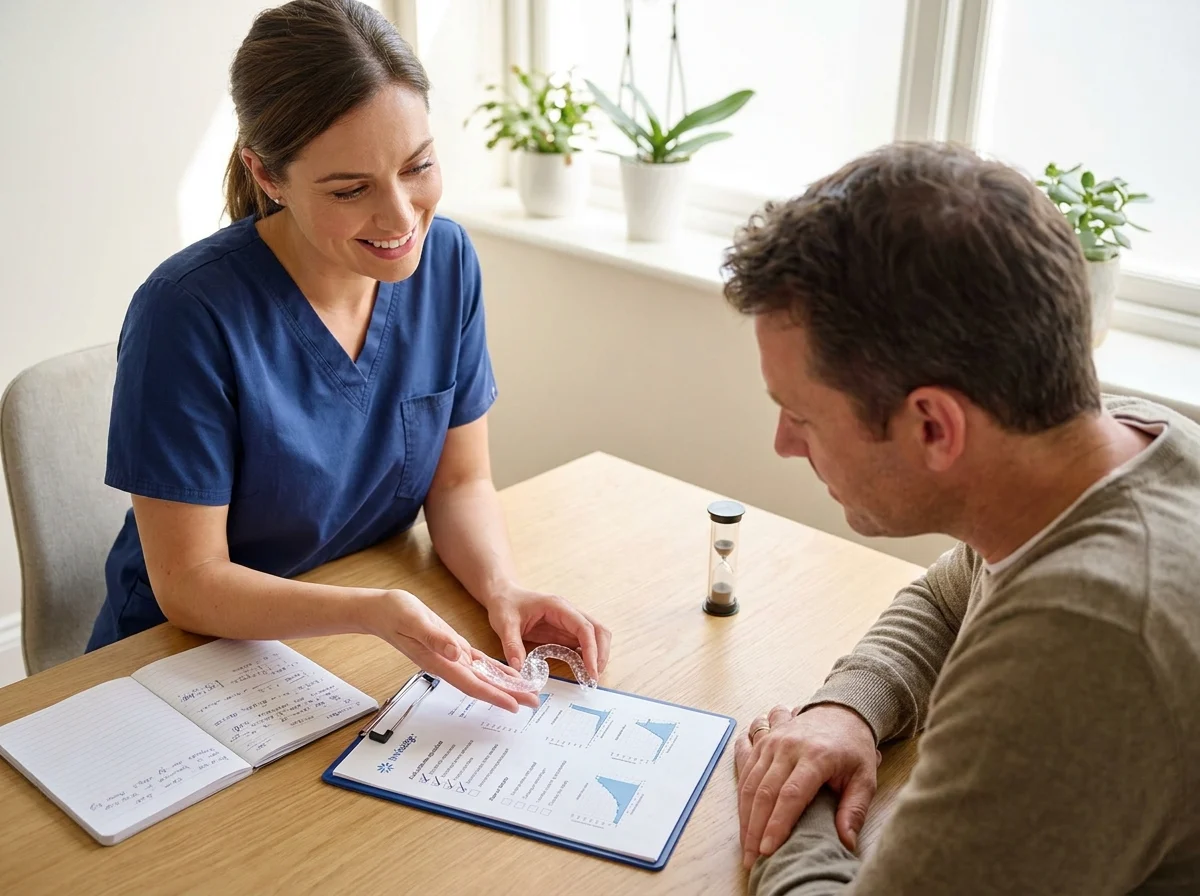 Patient and dentist discussing Invisalign tips in a calm office setting