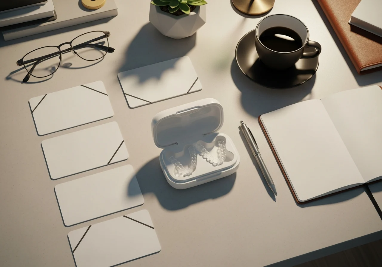 Neatly arranged Invisalign items on a modern desk with coffee cup