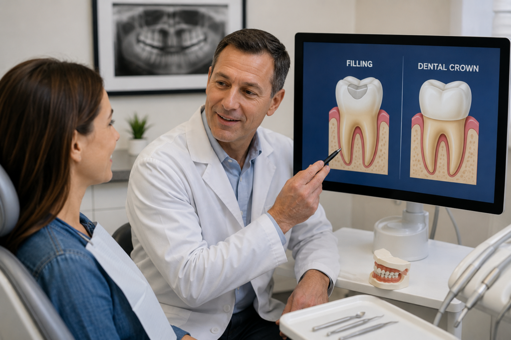 Dentist explaining the difference between a dental crown and a filling during a restorative dentistry consultation.